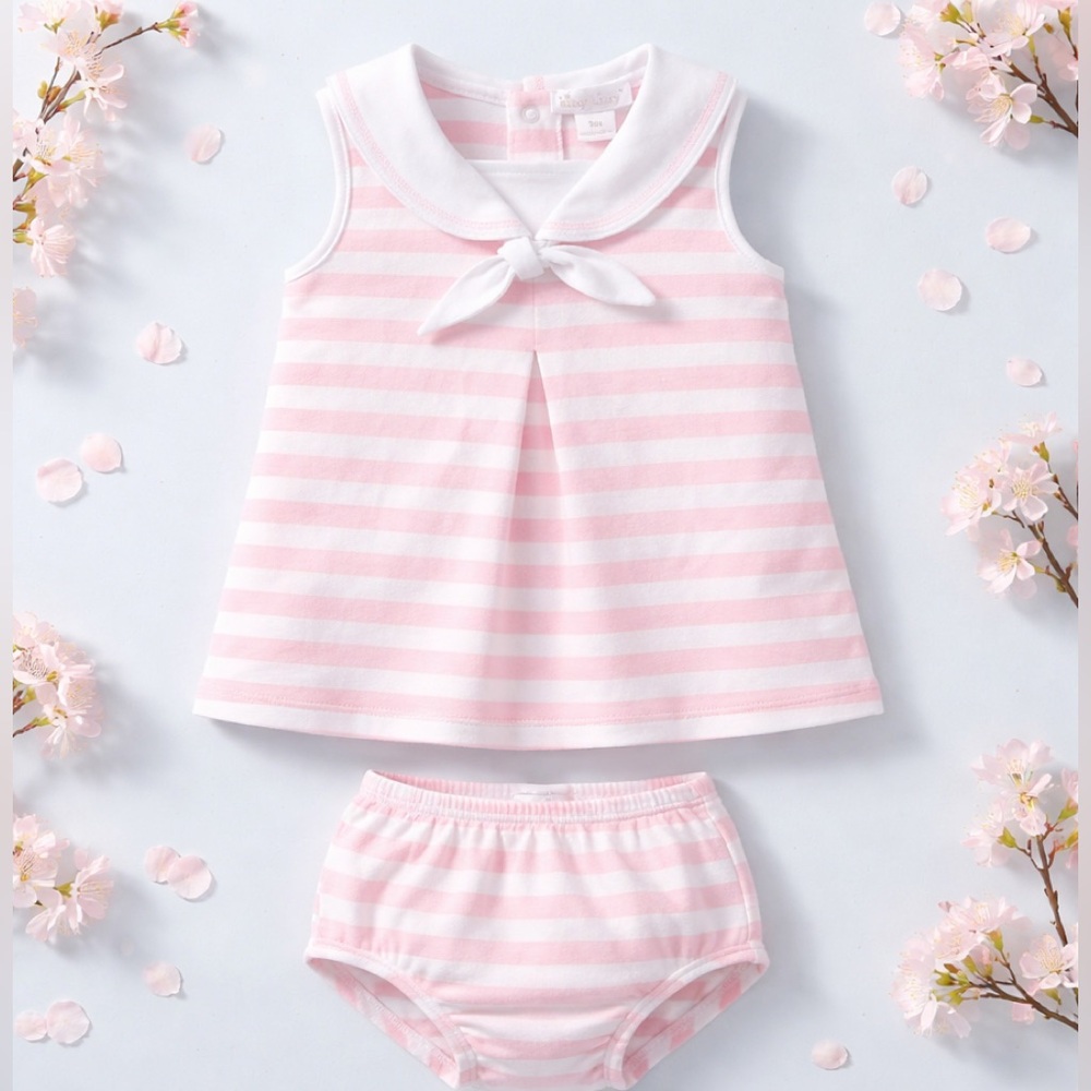 Kissy Kissy Dress & Bloomers Set Girls 9M Pink White Nautical Stripes Collar Tie